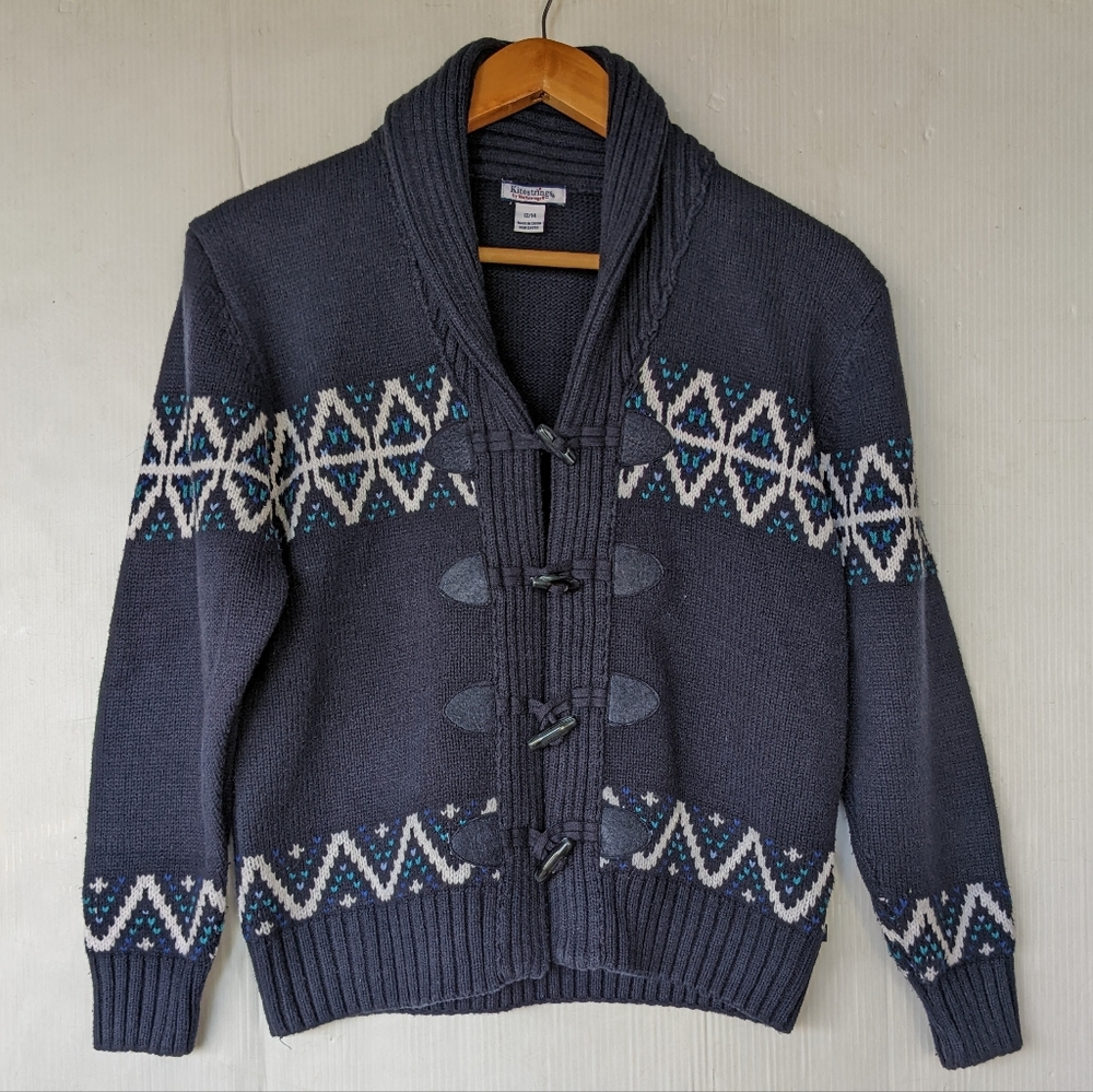 KITESTRINGS kids blue fair isle shawl collar cardigan sweater toggle button - Picture 8 of 11